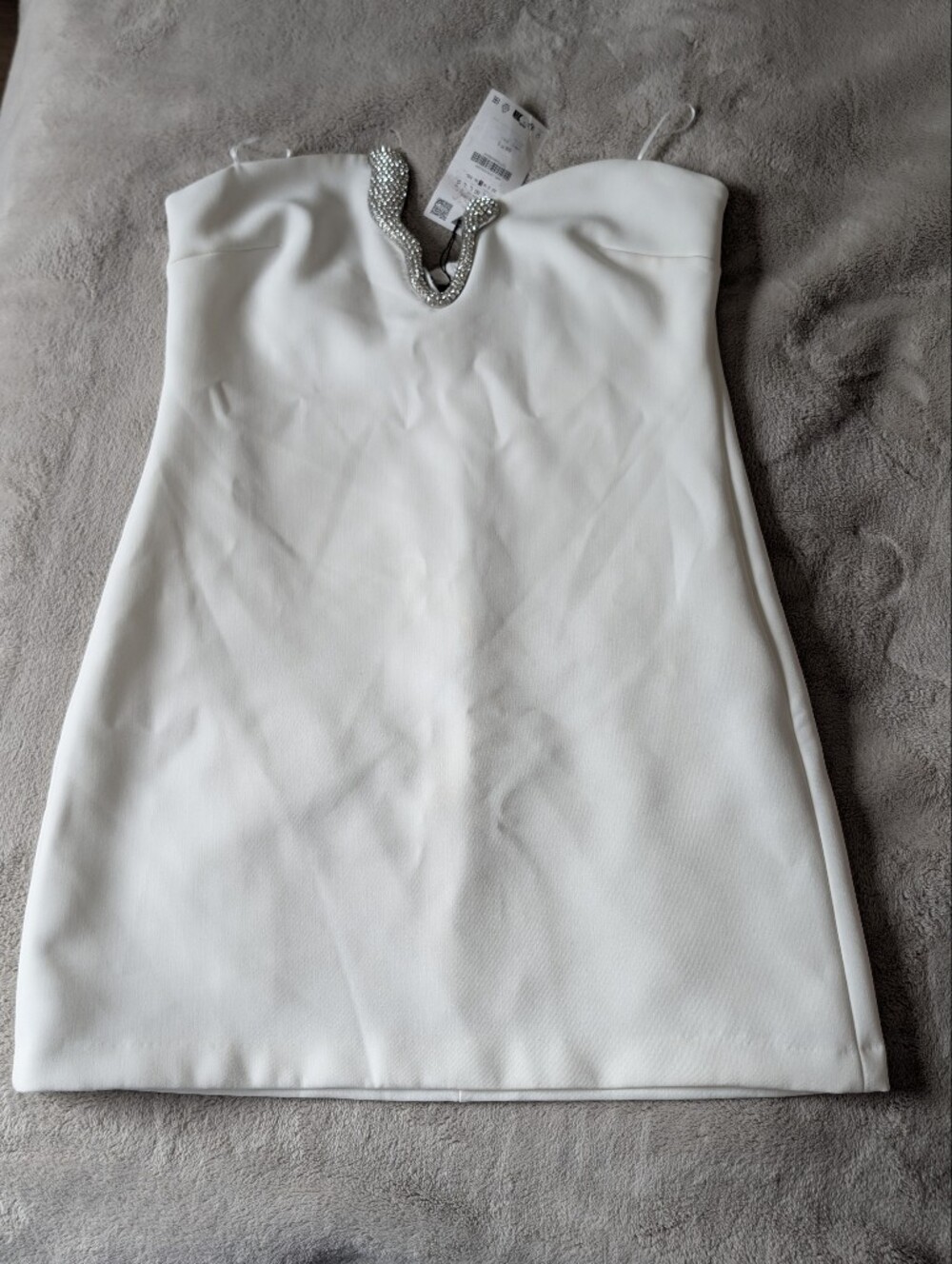 Zara White Strapless Mini Dress with Rhinestone V Detail